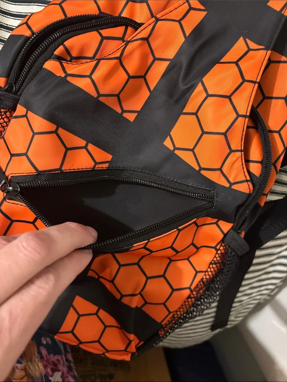 Orange and Black Hex-Pattern Sling Bag